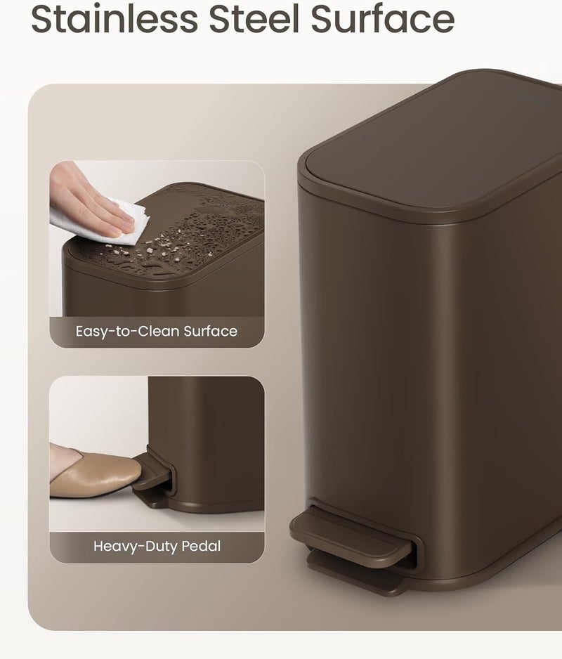 Cesun Small Bathroom Trash Can with Lid Soft Close, Step Pedal, 5 Liter / 1.3 Gallon Stainless Steel Garbage Can with Removable Inner Bucket, Waste Basket for Bathroom, Bedroom (Brown) - Image 3